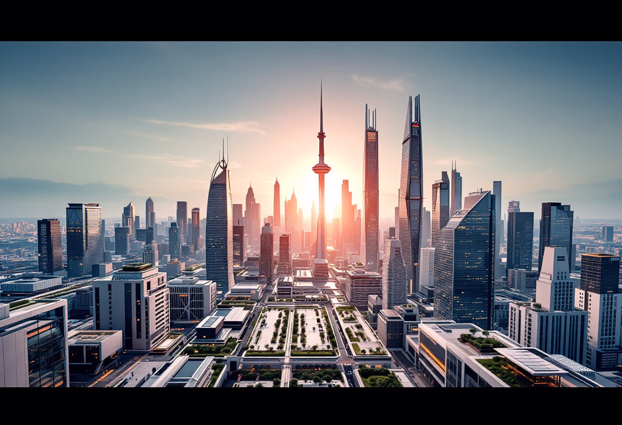 [background image] obraz futurystycznej panoramy miasta dla firmy technologicznej zajmującej się edukacją ai