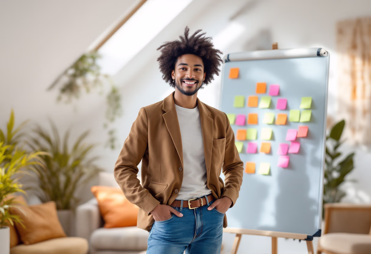 obraz osoby przeprowadzającej burzę mózgów (dla firmy zajmującej się narzędziami zwiększającymi produktywność)