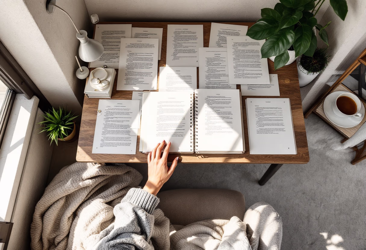 przytulne miejsce pracy pisarza z rękopisami